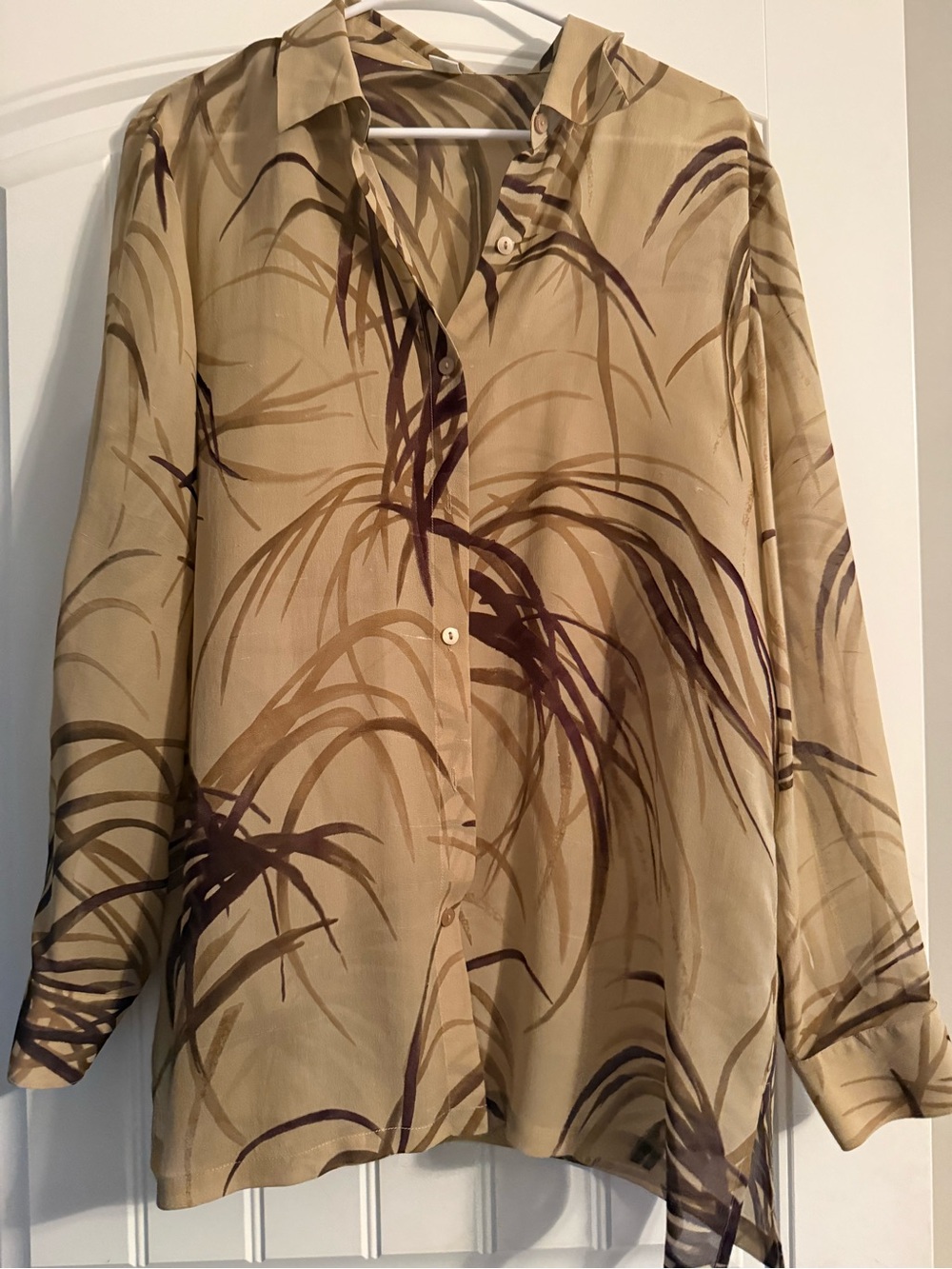 Josephine Chaus Taupe and Brown Abstract Print Button-Down Blouse